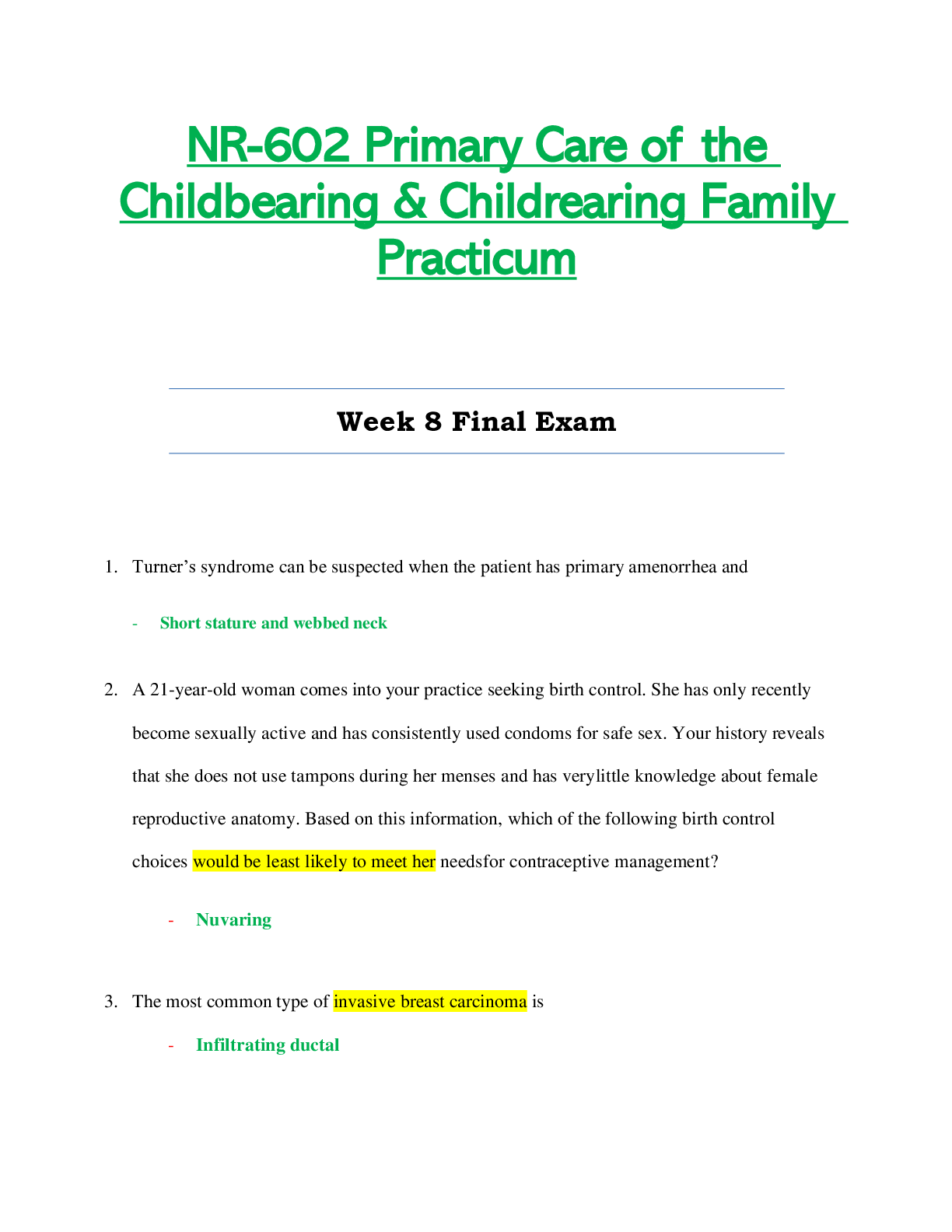 Preview image for NR602 / NR-602 Week 8 Final Exam (Latest): Primary Care of the Childbearing & Childrearing Family Practicum - Chamberlain